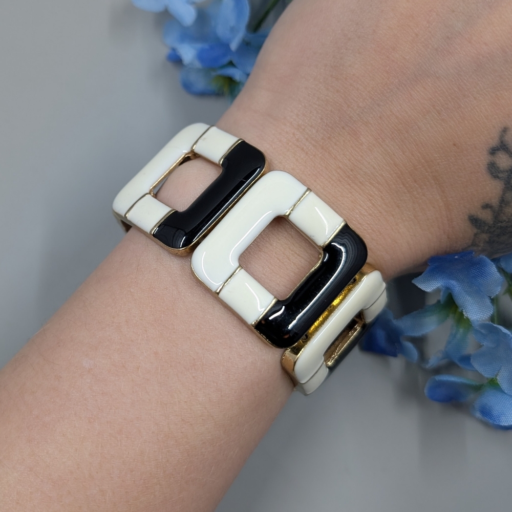 Black And White Geometric Design Enamel Stretch Bracelet